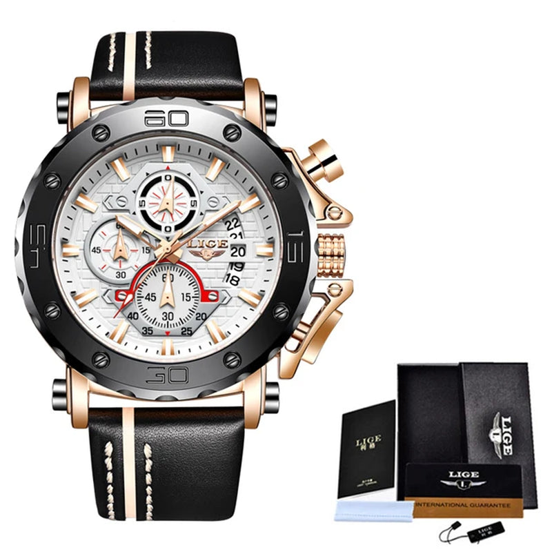 LIGE Mens Chronograph Waterproof Luxury Watch with Silicone Band and Quartz Movement