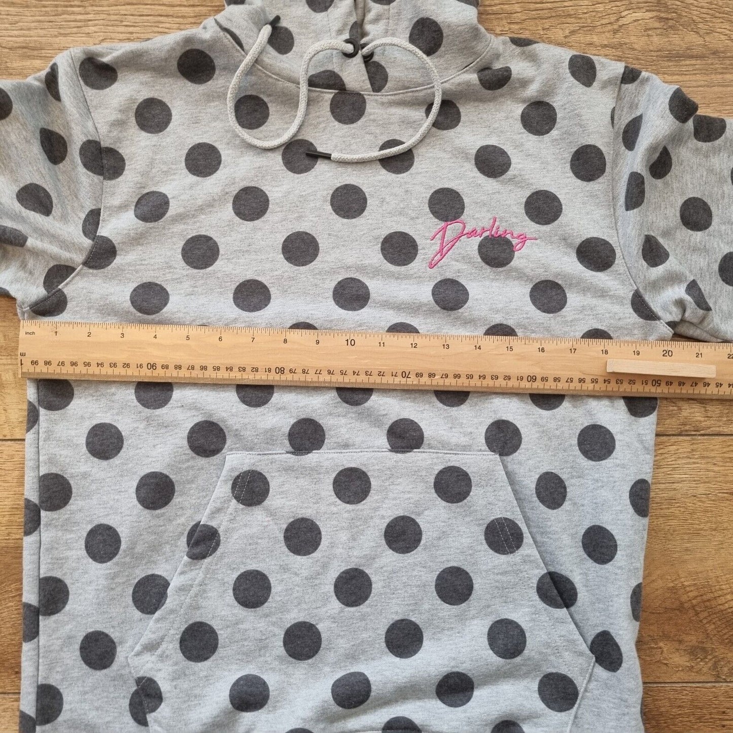 Hoodie Grey Darling Embroidery Polka Dots Front Pocket