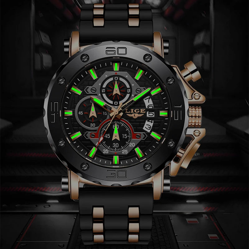 LIGE Mens Chronograph Waterproof Luxury Watch with Silicone Band and Quartz Movement