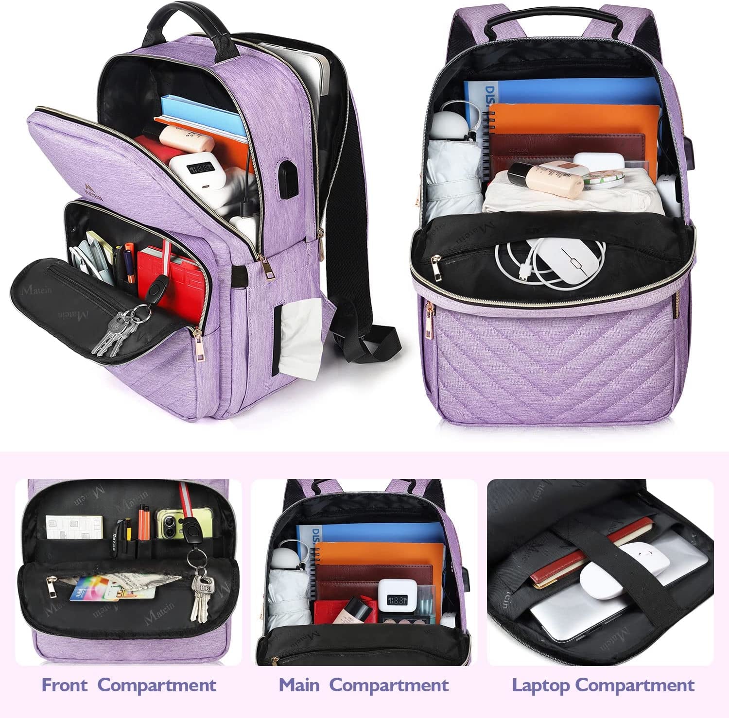 Professional title: " Women's Laptop Backpack - 15.6 Inch Lightweight School Bag for Travel and Work with USB Charging Port, Waterproof and Anti-Theft Rucksack for University College - Large, Purple"