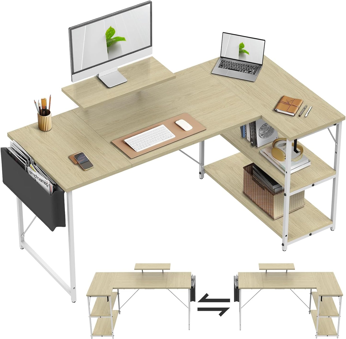 110CM L-Shaped Desk with Shelves, Reversible Computer Workstation for Home Office, Rustic Brown"