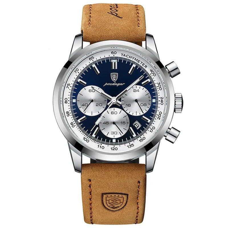 Men's Luxury Waterproof Chronograph Quartz Watch with Luminous Dial and Genuine Leather Strap