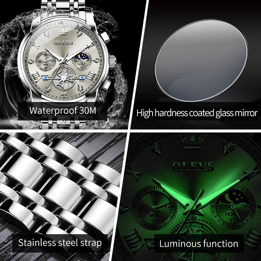 Stainless Steel Mens Watches Chronograph Moon Phase Waterproof Luminous Quartz Wrist Watch for Men Luxury Brand Man Watch