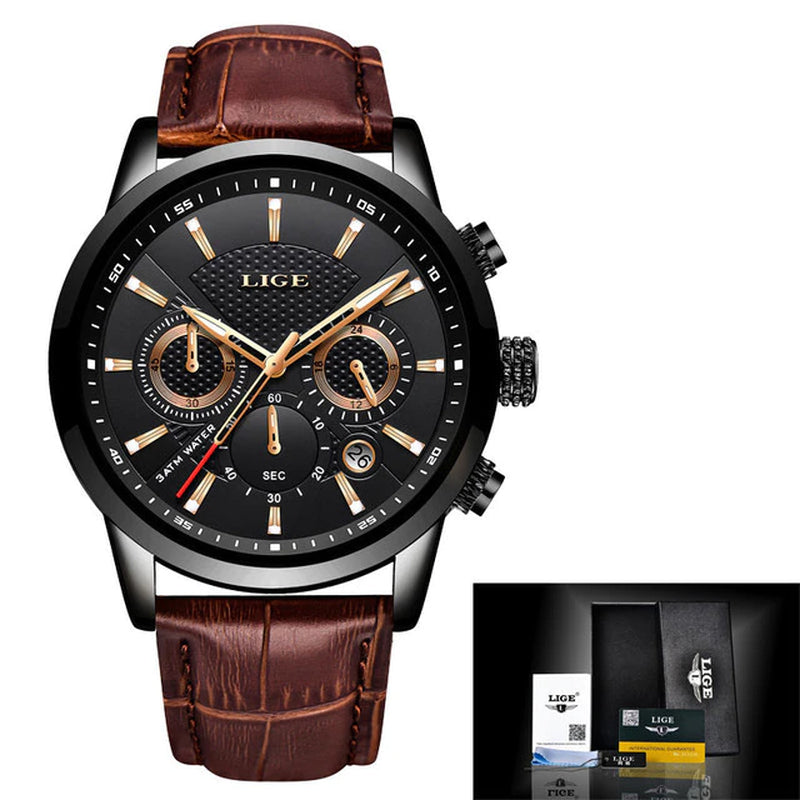 Luxury Men's Leather Quartz Watch with Waterproof Sports Design