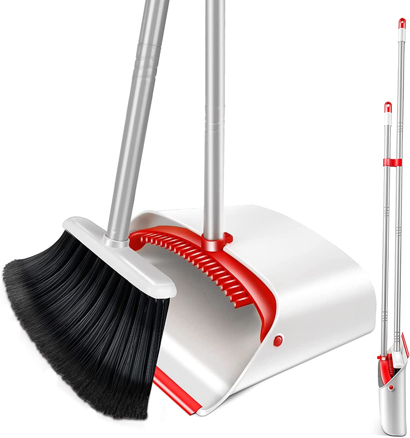 Professional title: "Adjustable Long Handled Dustpan and Brush Set with Comb Teeth and Soft Bristles - Ideal for Home, Office, Indoor, and Outdoor Use"