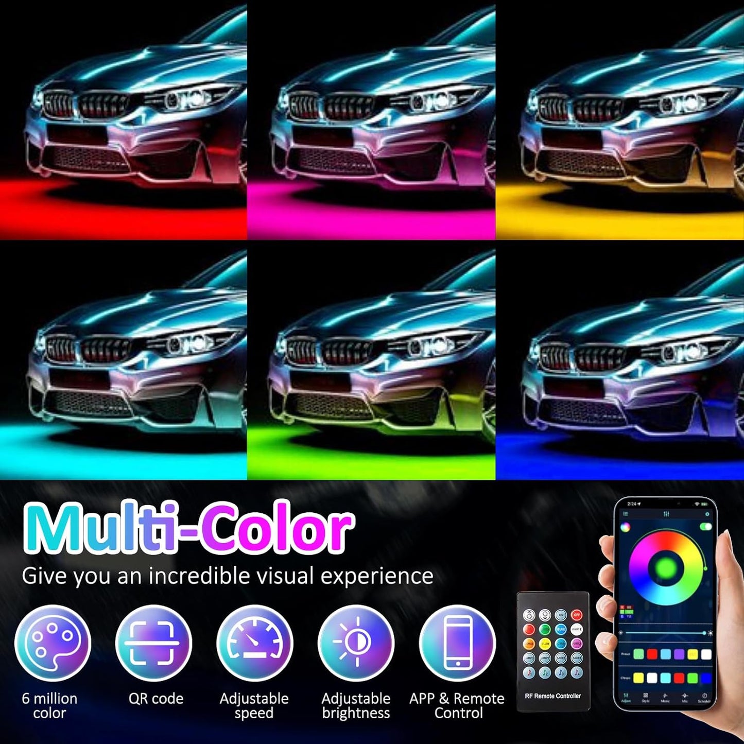 Professional title: " 4-Piece Car Underglow Kit with APP and Remote Control, Multicolor RGB Underbody Strips with Music Sync, Waterproof for Cars, Trucks, and SUVs"