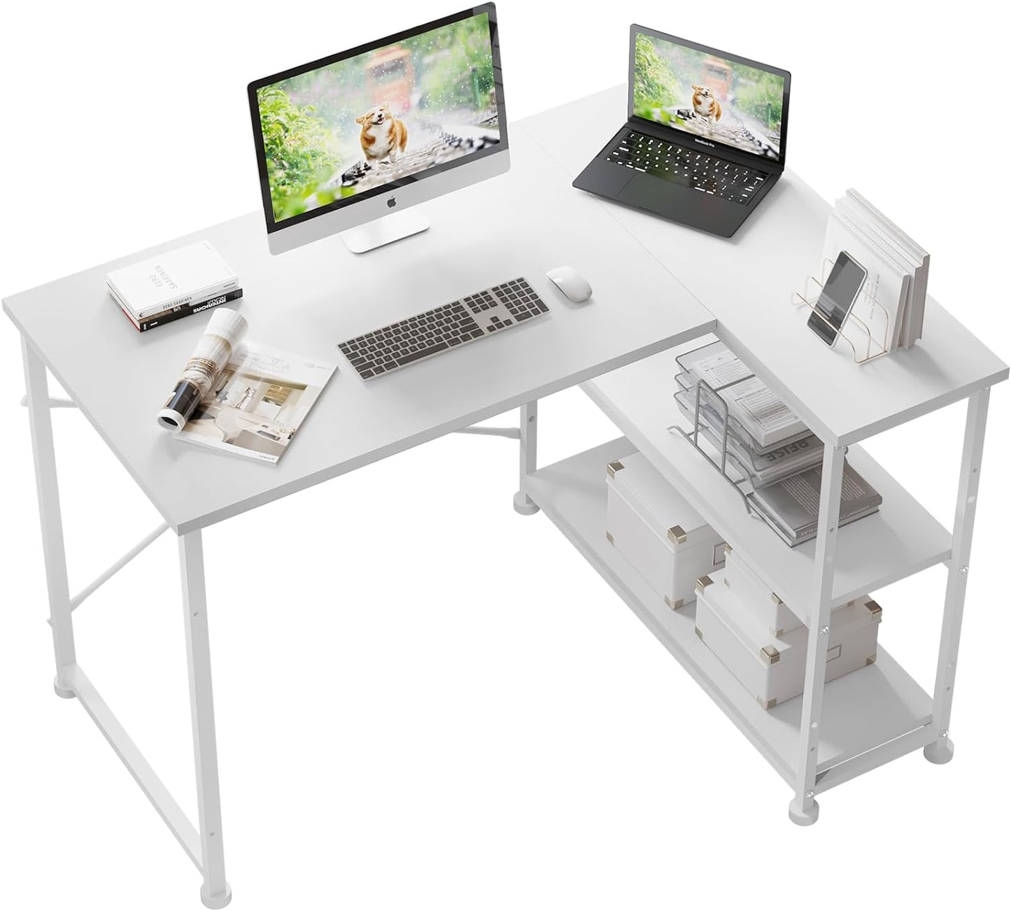 110CM L-Shaped Desk with Shelves, Reversible Computer Workstation for Home Office, Rustic Brown"