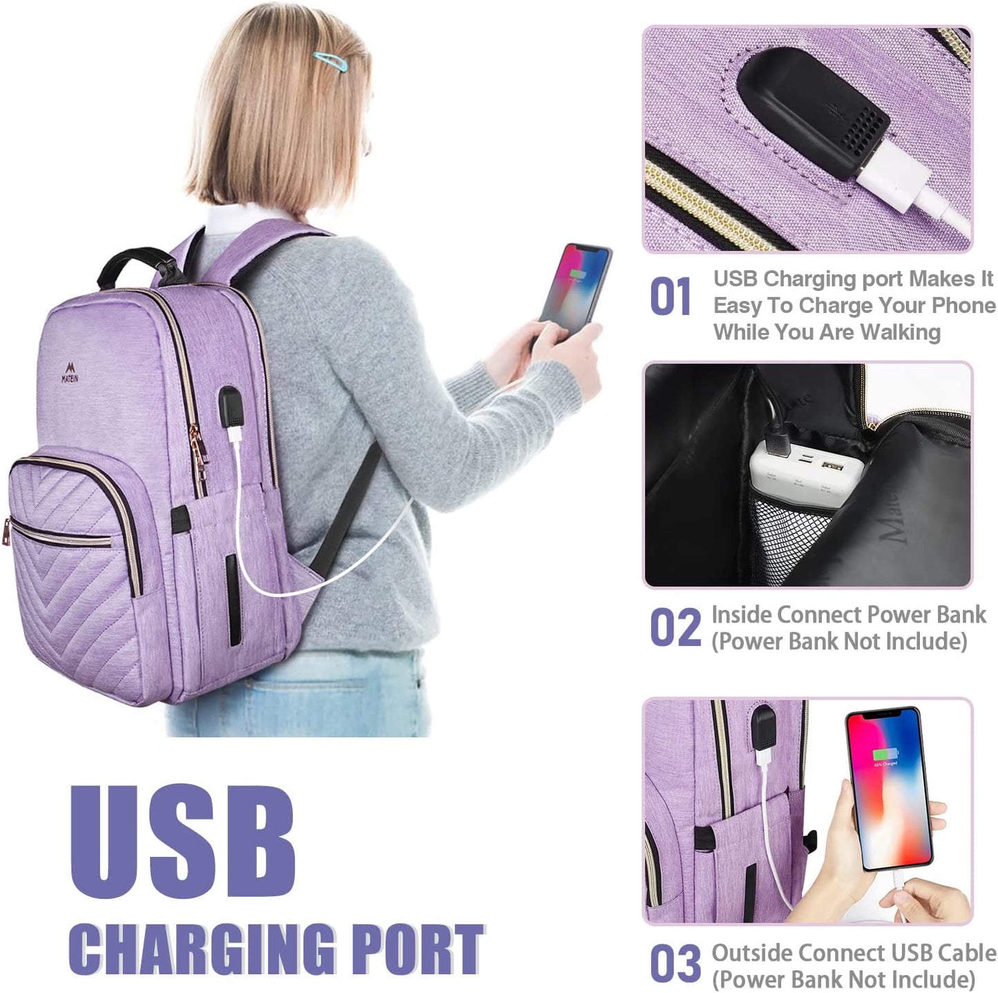 Professional title: " Women's Laptop Backpack - 15.6 Inch Lightweight School Bag for Travel and Work with USB Charging Port, Waterproof and Anti-Theft Rucksack for University College - Large, Purple"