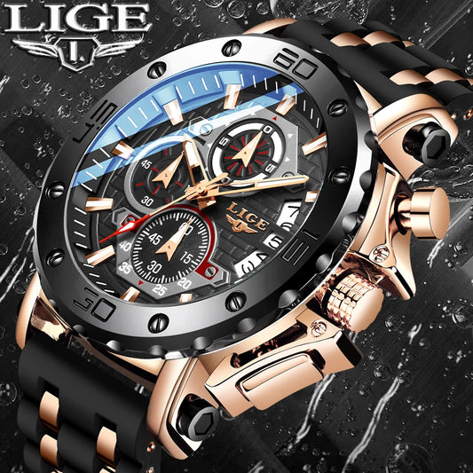 LIGE Mens Chronograph Waterproof Luxury Watch with Silicone Band and Quartz Movement