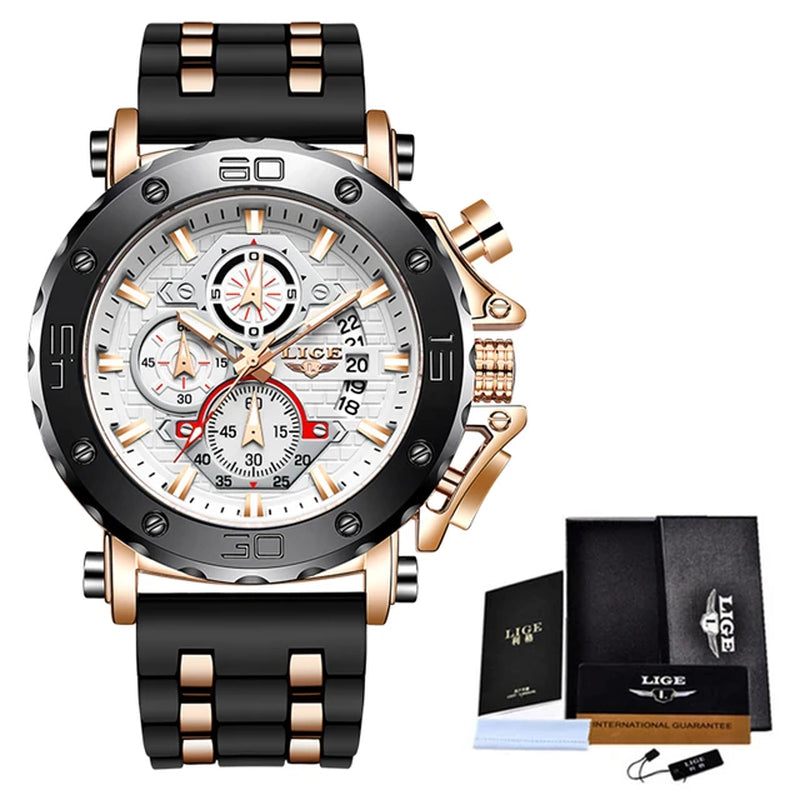 LIGE Mens Chronograph Waterproof Luxury Watch with Silicone Band and Quartz Movement