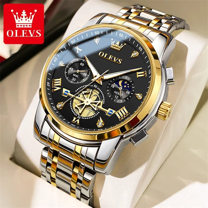 Stainless Steel Mens Watches Chronograph Moon Phase Waterproof Luminous Quartz Wrist Watch for Men Luxury Brand Man Watch