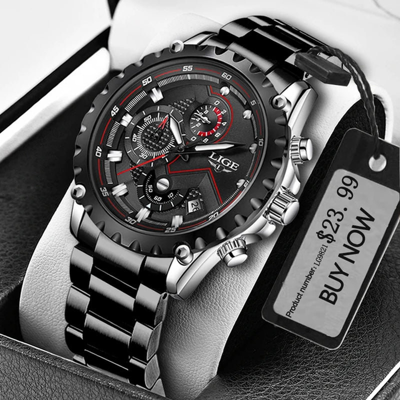 Men's Luxury Stainless Steel Quartz Watch with Military Chronograph and 30M Water Resistance