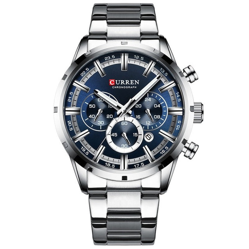 Men'S Watch Blue Dial Stainless Steel Band Date Mens Business Male Watches Waterproof Luxuries Men Wrist Watches for Men