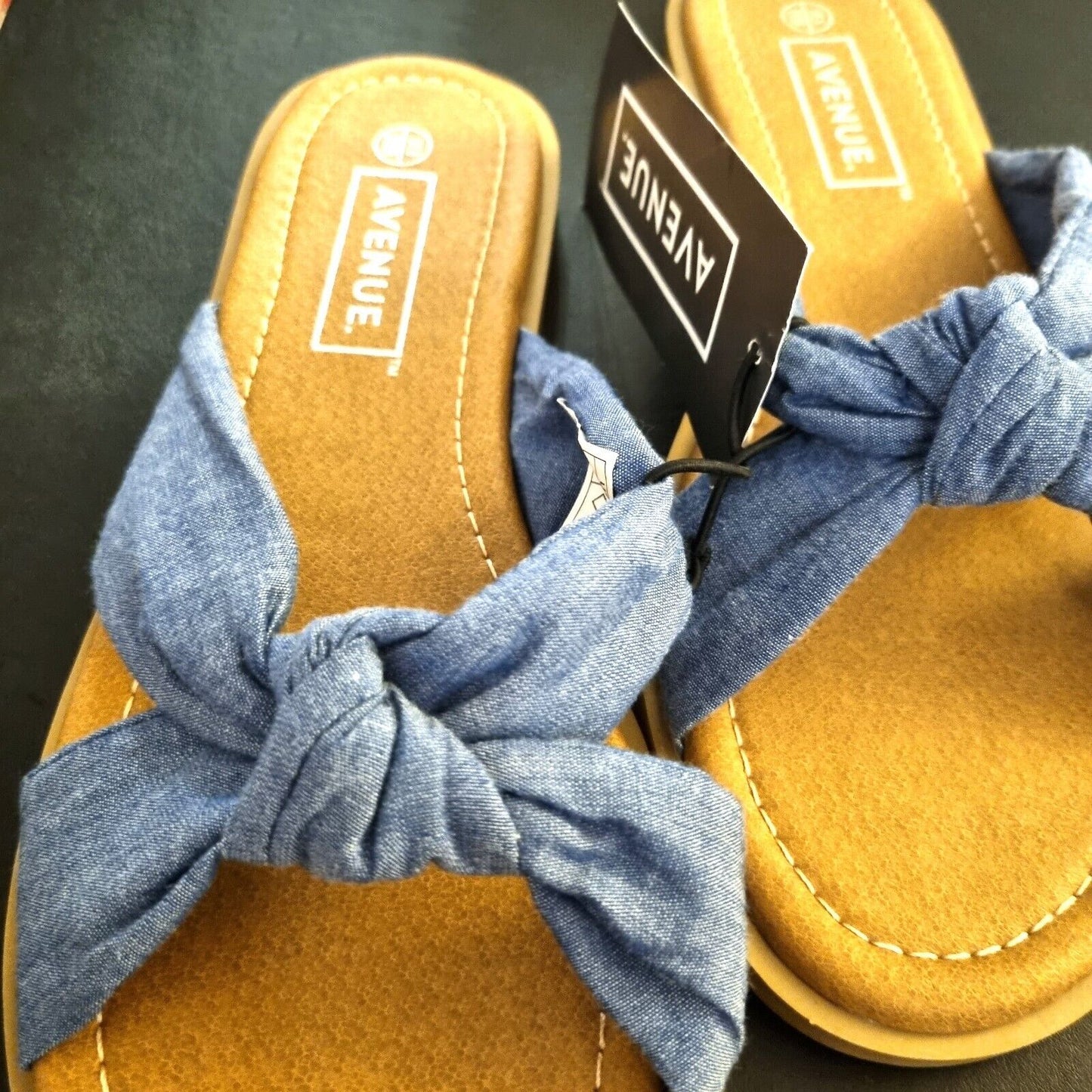 Avenue Ladies Navy Blue Bow Knot Padded Sandals Tan Sliders Size 4 and 6 Tags - Bonnie Lassio