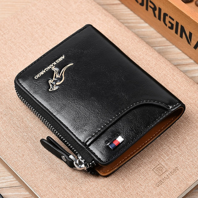 Luxury Men's Leather Business Card Holder with Zipper Purse and RFID Protection