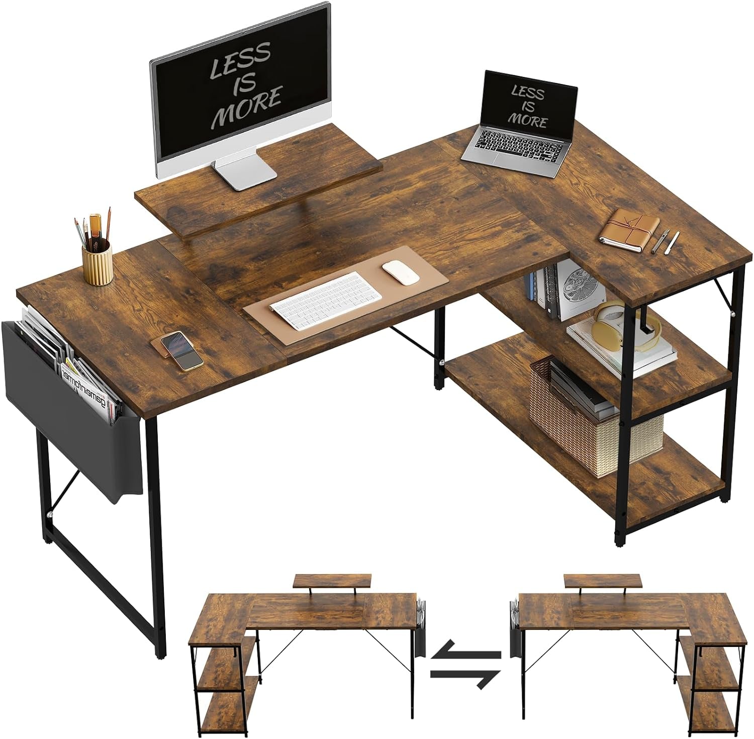 110CM L-Shaped Desk with Shelves, Reversible Computer Workstation for Home Office, Rustic Brown"