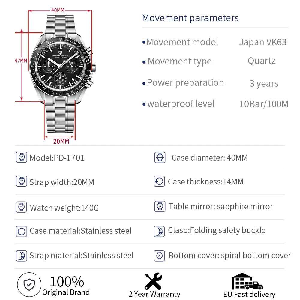 Mens Luxury Quartz Chronograph Watch Auto Date and AR Sapphire Mirror Dial