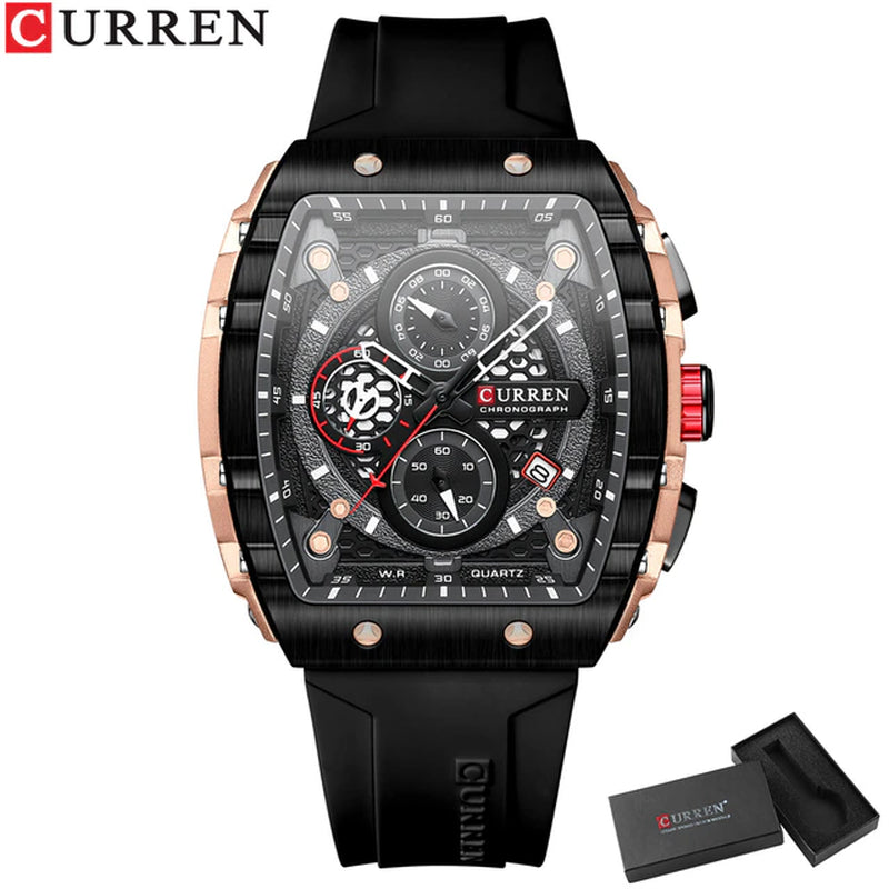 Mens Watch Square Quartz Waterproof Luminous Chronograph Date 