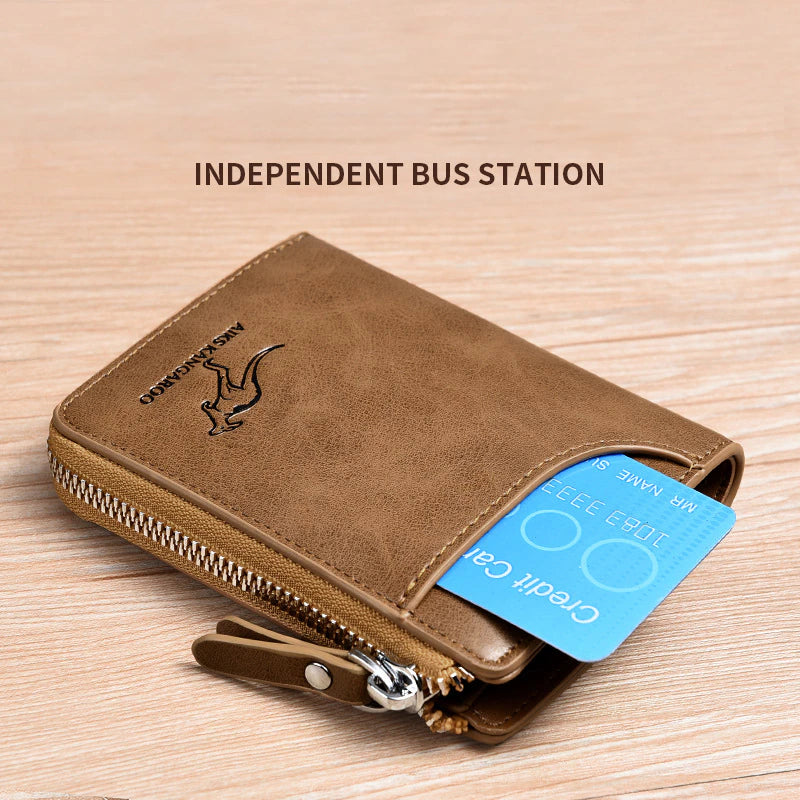 Luxury Men's Leather Business Card Holder with Zipper Purse and RFID Protection