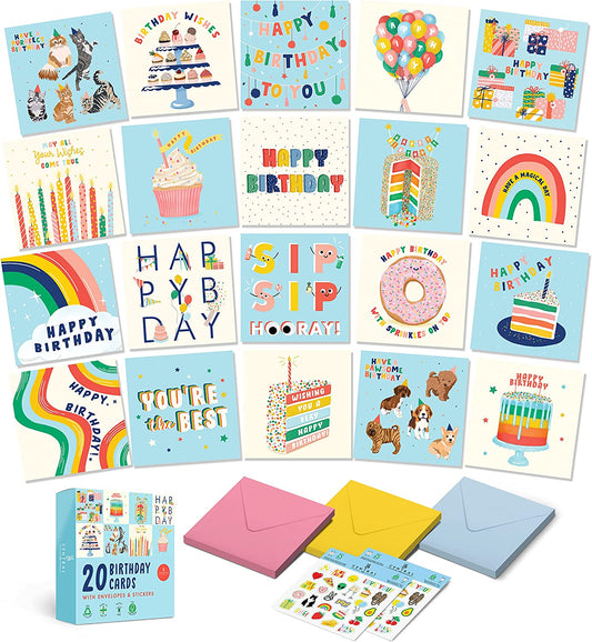 Professional title: " Birthday Card Multipack - Assorted Box of 20 Birthday Cards for Men, Women, and Kids - Eco-Friendly with Envelopes and Stickers - UK Made"