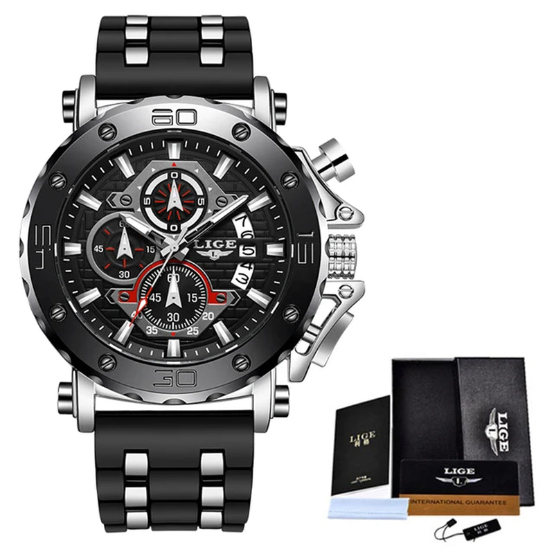 LIGE Mens Chronograph Waterproof Luxury Watch with Silicone Band and Quartz Movement