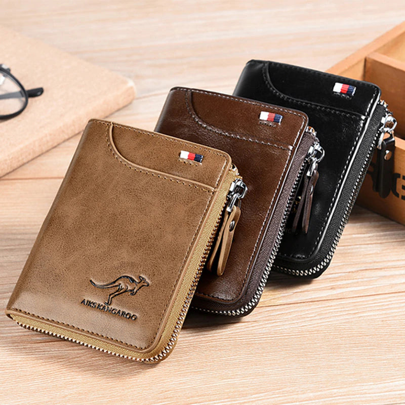 Luxury Men's Leather Business Card Holder with Zipper Purse and RFID Protection