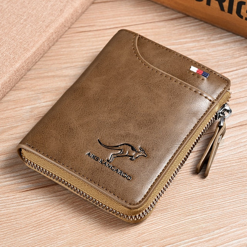 Luxury Men's Leather Business Card Holder with Zipper Purse and RFID Protection