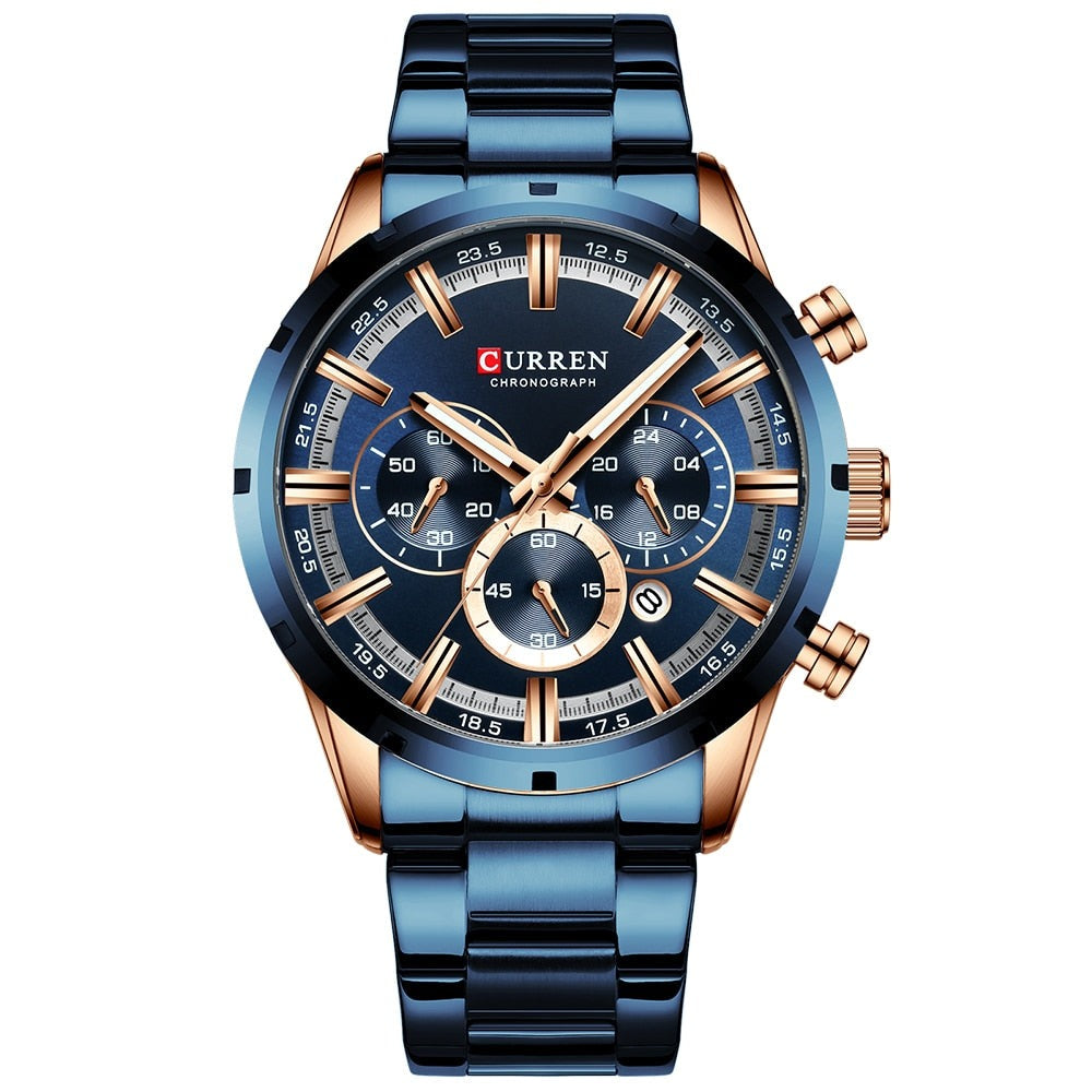 Men'S Watch Blue Dial Stainless Steel Band Date Mens Business Male Watches Waterproof Luxuries Men Wrist Watches for Men