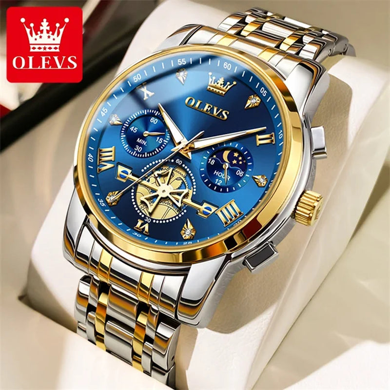 Stainless Steel Mens Watches Chronograph Moon Phase Waterproof Luminous Quartz Wrist Watch for Men Luxury Brand Man Watch