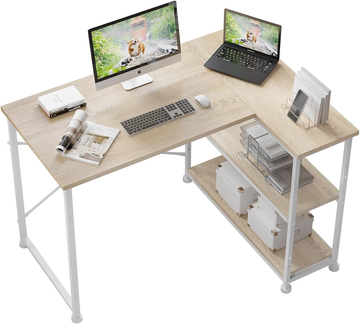 110CM L-Shaped Desk with Shelves, Reversible Computer Workstation for Home Office, Rustic Brown"