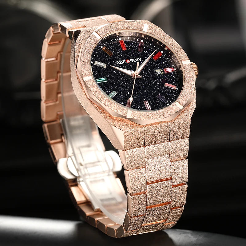 Men's Luxury Watch with Colorful Crystal, Waterproof Bling Dial, Frosted Star Dust, and Rainbow Design