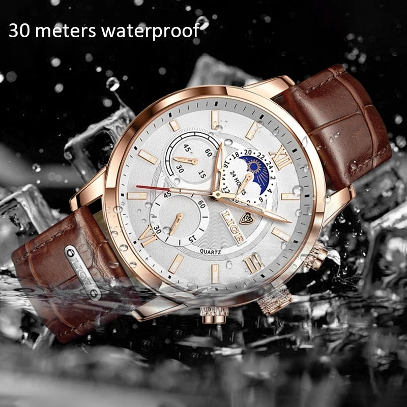 Luxury Men's Leather Quartz Watch with Waterproof Sports Design