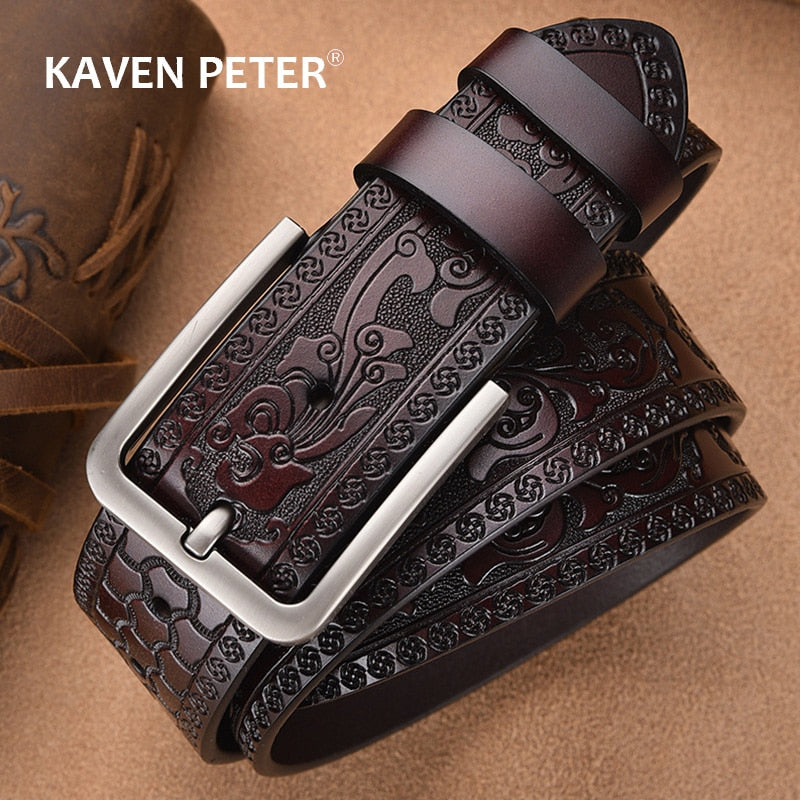 Male Print Leather Belt Floral Strap For Men 4.0 CM Black Vintage Embossing Genuine Cowskin Belt Designer Jeans High Quality - Bonnie Lassio