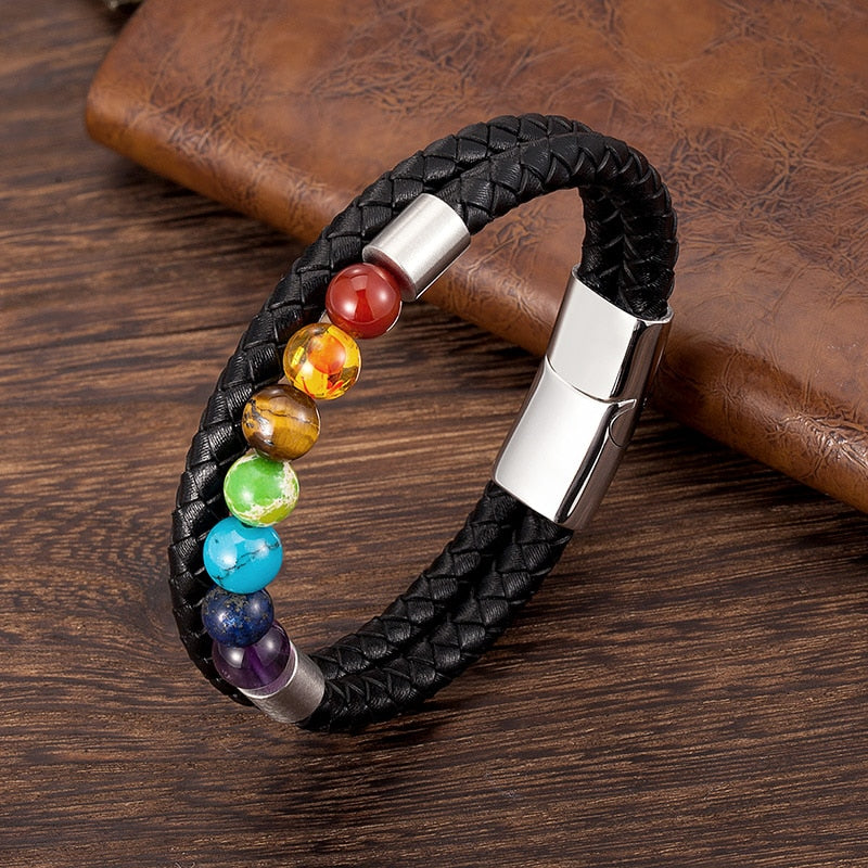 7 Chakra Bracelet Genuine Leather Crystal Healing Jewelry - Bonnie Lassio