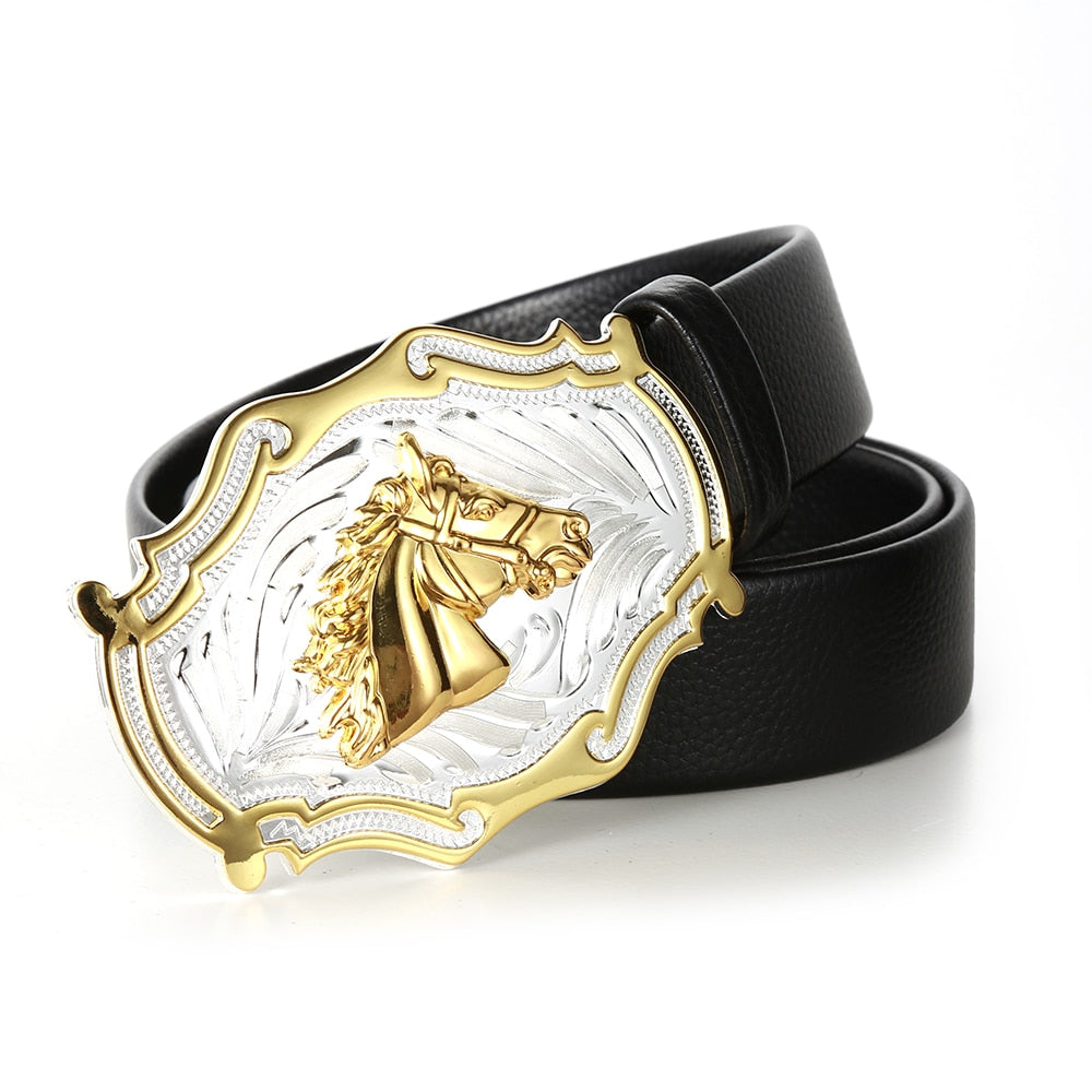 Western cowboy leather belt Horsehead zinc alloy leather belt Silver gold men&#39;s high-grade belt - Bonnie Lassio