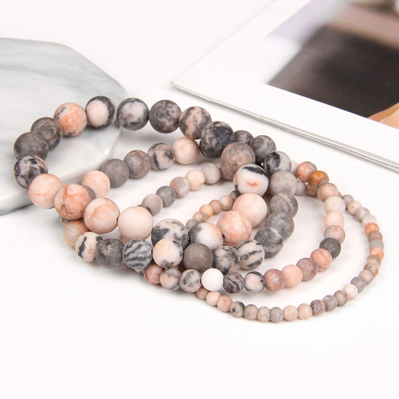 Natural Frosted Pink Zebra Mineral Stone Bracelets Handmade Matte Stone Bead Bracelet Women Men Yoga Meditation Jewelry Gift 1pc - Bonnie Lassio