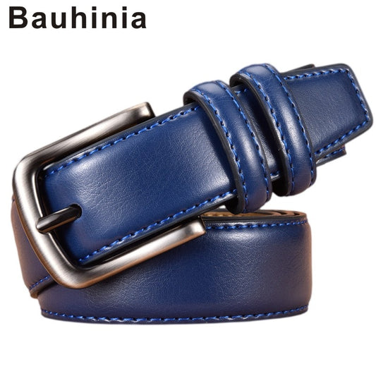 Bauhinia brand new men&#39;s leather 105-125CM casual pin buckle belt casual fashion neutral blue belt for men - Bonnie Lassio