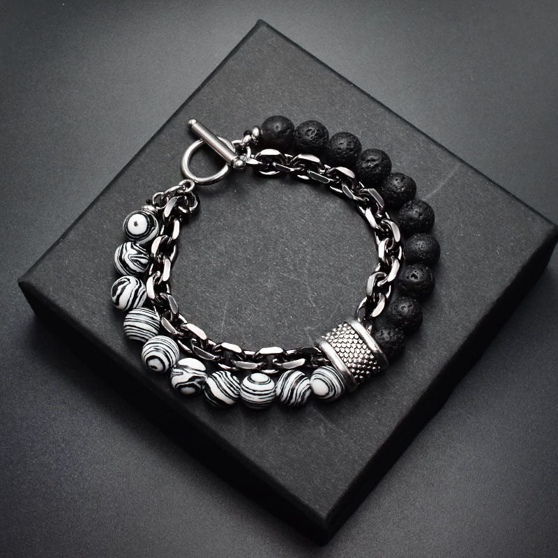 Natural Stone Layered Gun Black Color Alloy Chain Bracelet Homme Lava Stone Eye Tiger Bead Meditation OT Buckle Gifts for Men - Bonnie Lassio