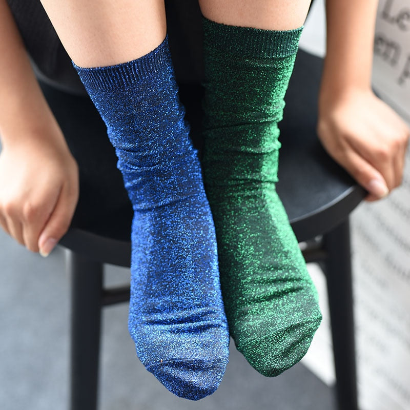 Women's Glittery Gold and Silver Coloured Thin Material Summer Socks. - Bonnie Lassio