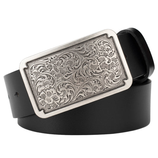 Unisex Leather Silver Or Bronze Coloured Buckle Floral Decorative Belt - Bonnie Lassio