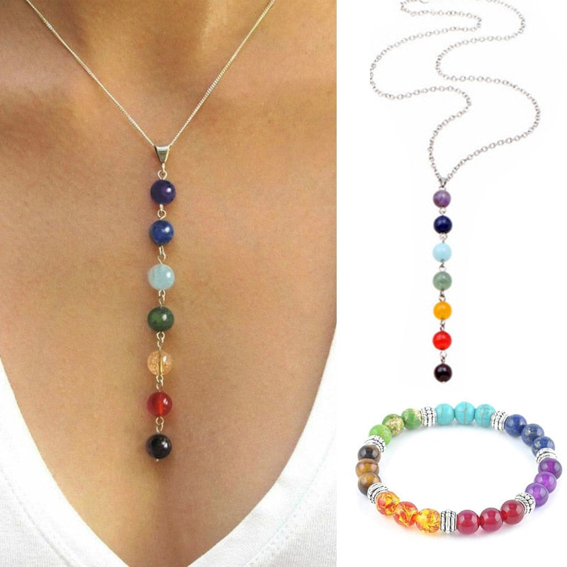 7 Chakra Gem Stone Beads Pendant Necklace Women Yoga Healing - Bonnie Lassio