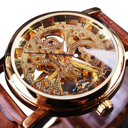 Mechanical Skeleton Transparent Mens Watch Case Smart Design Leather Strap - Bonnie Lassio