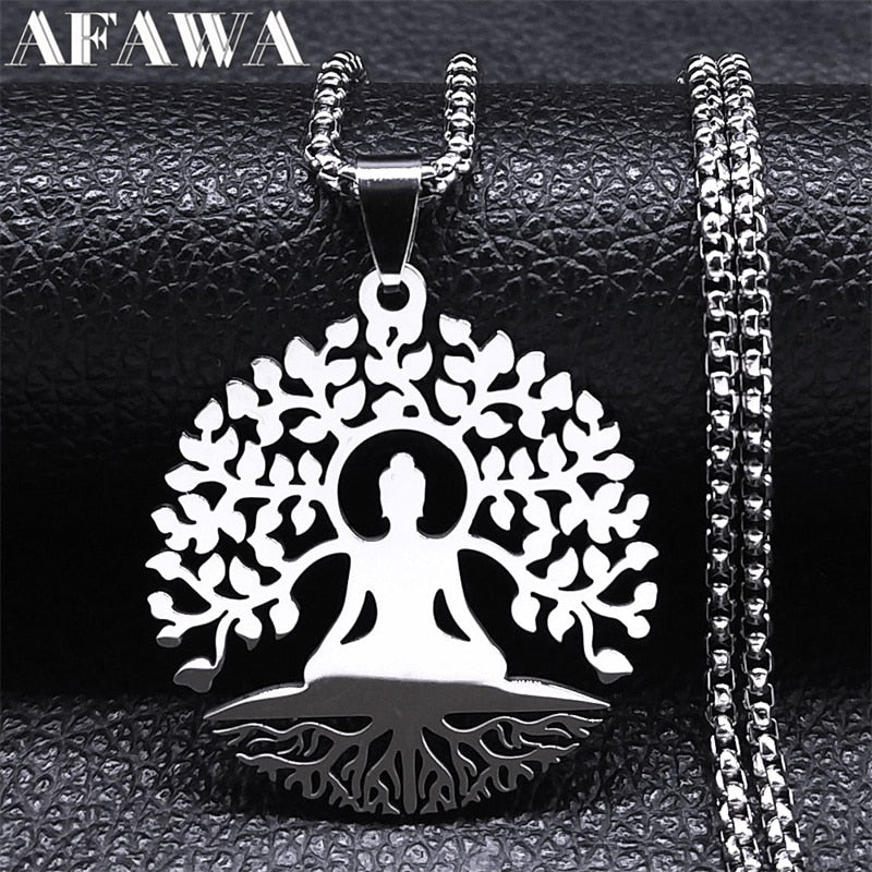 Buddhism Meditation Buddha Yoga Pendant Necklace Stainless Steel Tree of Life Necklace Buddhist Jewelry collares para mujer - Bonnie Lassio