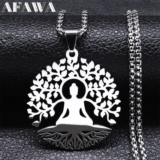 Buddhism Meditation Buddha Yoga Pendant Necklace Stainless Steel Tree of Life Necklace Buddhist Jewelry collares para mujer - Bonnie Lassio