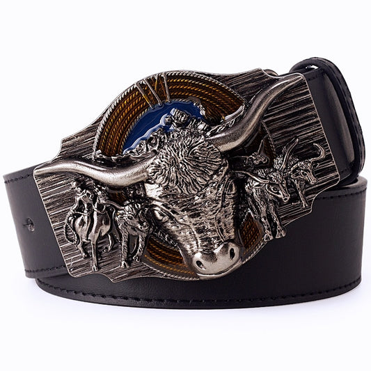 Skull Bull Ox Horn Men Leather Belt Cow Head Skeleton Western Cowboy Style Decoration Women Jeans Waistband - Bonnie Lassio