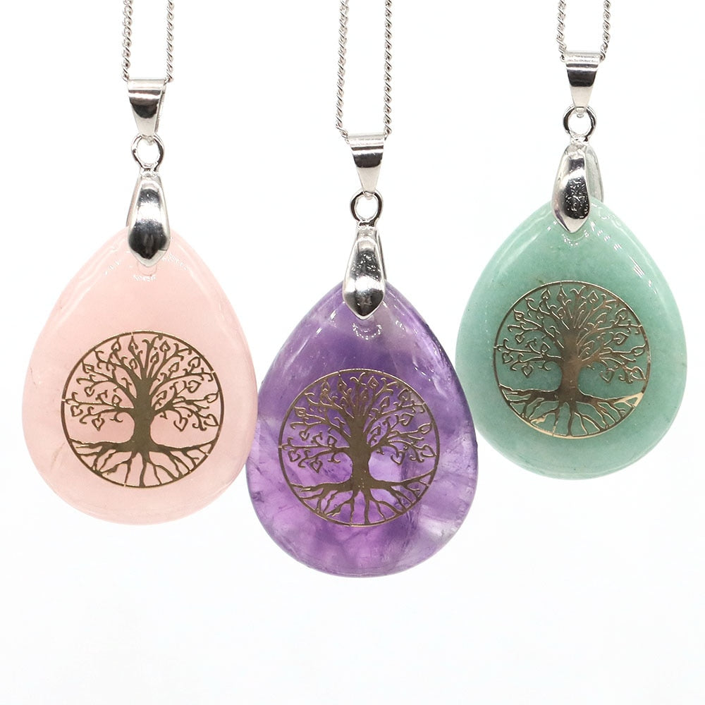 7 Chakra Stone Tree of Life Pendant Natural Water Drop Necklaces Rose Crystal Pink Quartz Amethyst Lapis Lazuli Tiger Eye Gifts - Bonnie Lassio