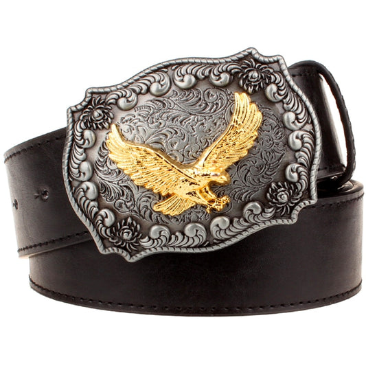 Golden Eagle Buckle Leather Belt Men Wild West Cowboy Style Horse Gold Bull Ridding Head Waistband Jeans Women&#39;s Gift - Bonnie Lassio