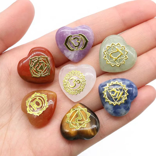 7Pcs Heart Chakra Natural Crystal Stones Quartz Set Engraved Symbols Yoga Stone for Jewelry Making Reiki Healing Meditation - Bonnie Lassio