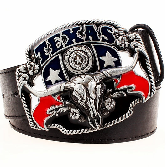 Wild West TEXAS Cowboy Belt Bull Skull Head Metal Buckle American Texan Pride Fashion Waistband For Men - Bonnie Lassio