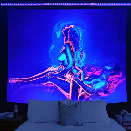 Blacklight Tapestry Burning Lover UV Reactive Psychedelic Neon Wall Hanging Tapestry Aesthetic Room Decor Yoga Meditation - Bonnie Lassio